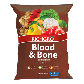 Richgro Blood & Bone fertilizer bag with vegetables on a white background
