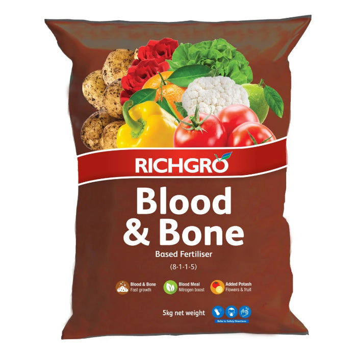 Richgro Blood & Bone fertilizer bag with vegetables on a white background