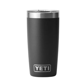 Black YETI tumbler with a silver lid on a white background