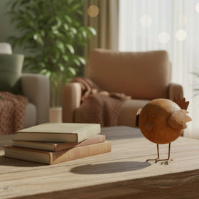 Rust-colored metal chicken figurine on a white background