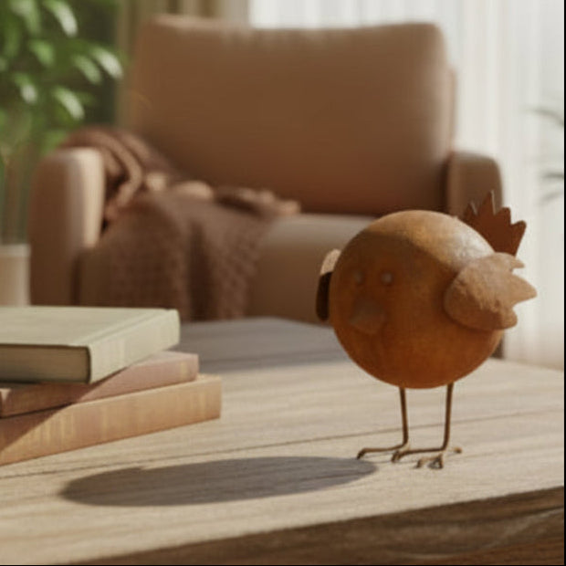 Rust-colored metal chicken figurine on a white background