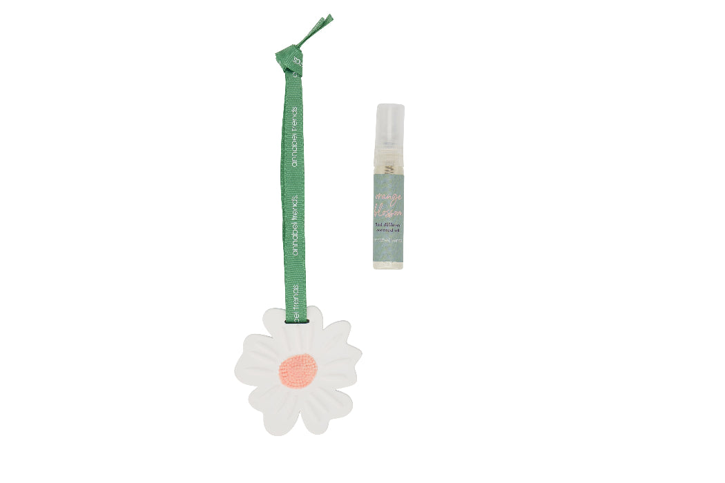 Small bottle with a green strap and white daisy charm on a white background