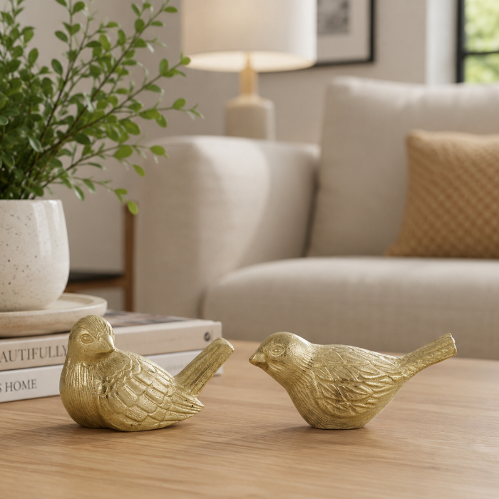 Two small gold bird figurines with textured feathers, displayed on a light wood table in a cozy living room setting next to a potted plant and books.