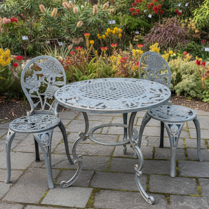A set of three outdoor cast iron furniture items, including a round table with waratah floral patterns and two matching chairs, all with bronze powder coat finish and gold highlights, displayed on paving.