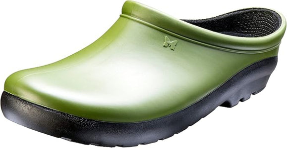 Green clog shoe with black sole on a white background