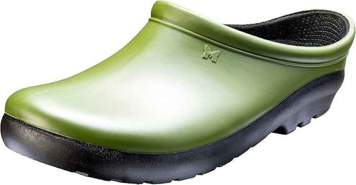 Green clog shoe with black sole on a white background