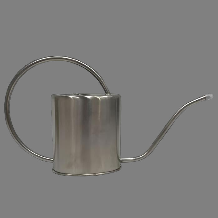 A polished stainless steel watering can with a large curved handle and a long narrow spout.