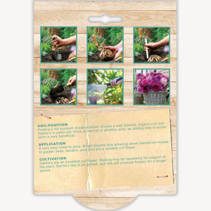 Gardening product packaging with images of hands gardening and text on a wooden background