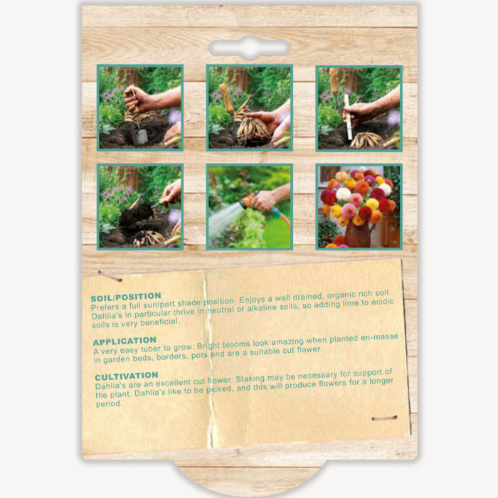 Gardening instruction card with images and text on a wooden background