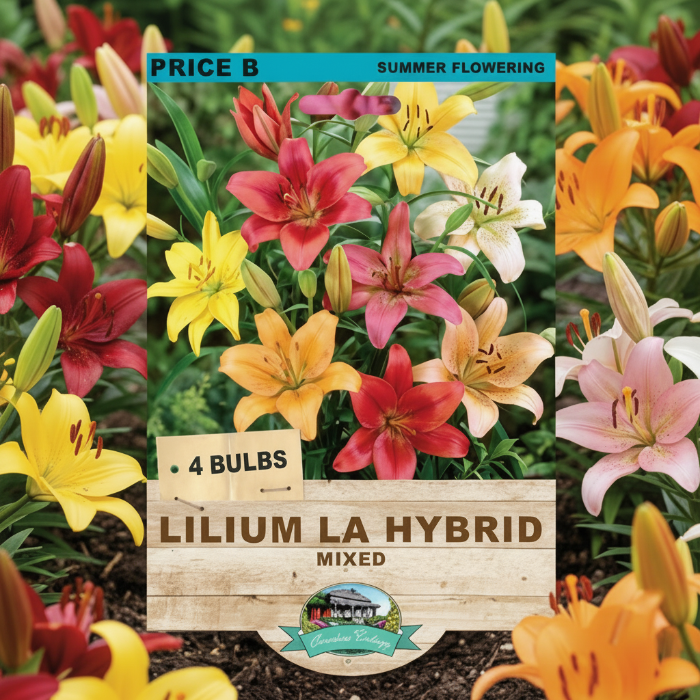 Seed packet for Lilium La Hybrid Mixed summer flowering bulbs, showing a photo of colorful lilies in pink, yellow, orange, and white on a green background, with text indicating 4 bulbs and Price B.