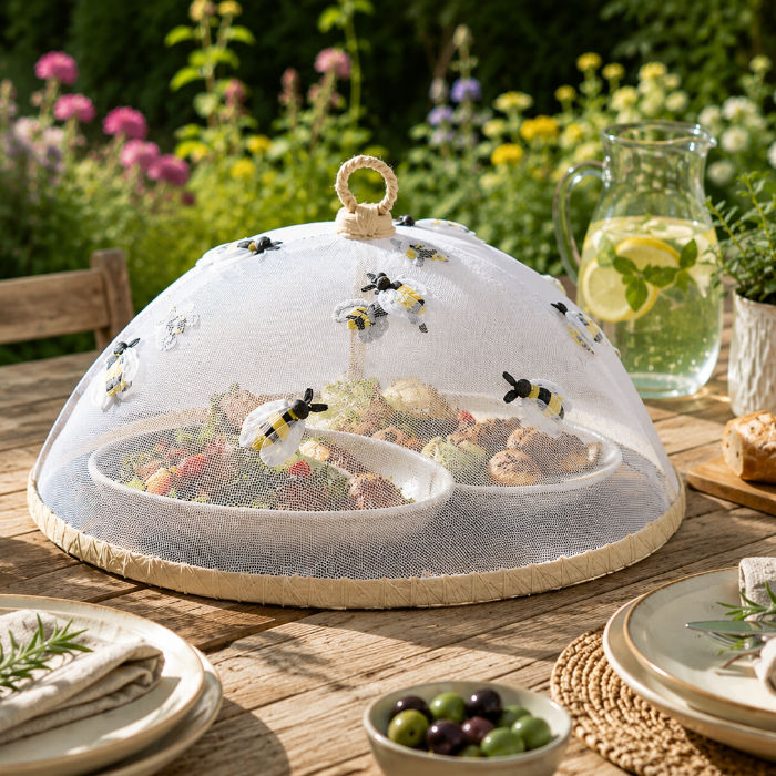 Outdoor dining setup with a covered food dish on a wooden table, surrounded by flowers and a pitcher of lemonade.