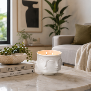 Candle in a face-shaped holder on a table with books and decor in a living room.