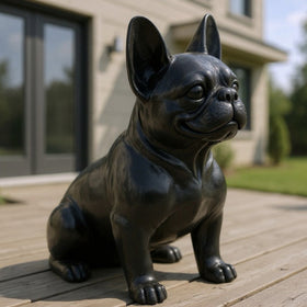 A black French Bulldog statue sitting on a wooden deck in front of a modern house.