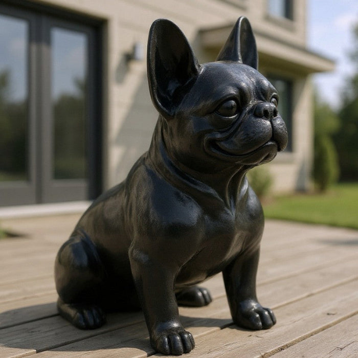 A black French Bulldog statue sitting on a wooden deck in front of a modern house.