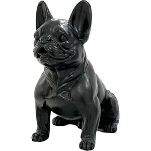 A glossy black French Bulldog figurine, shown in a sitting position against a plain white background.