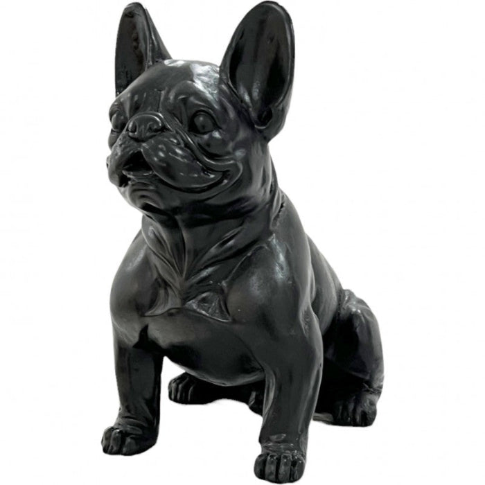 A glossy black French Bulldog figurine, shown in a sitting position against a plain white background.