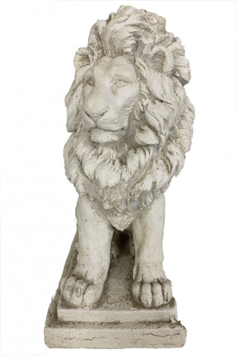 A stone lion statue in a weathered light gray finish, standing on a rectangular pedestal against a plain white background.