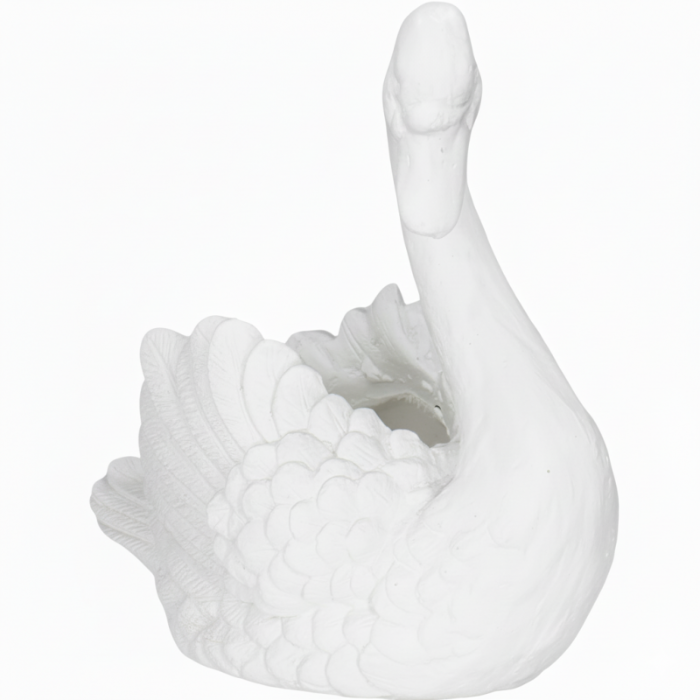 A white swan figurine with detailed feather textures and a curved neck, shown against a plain white background.