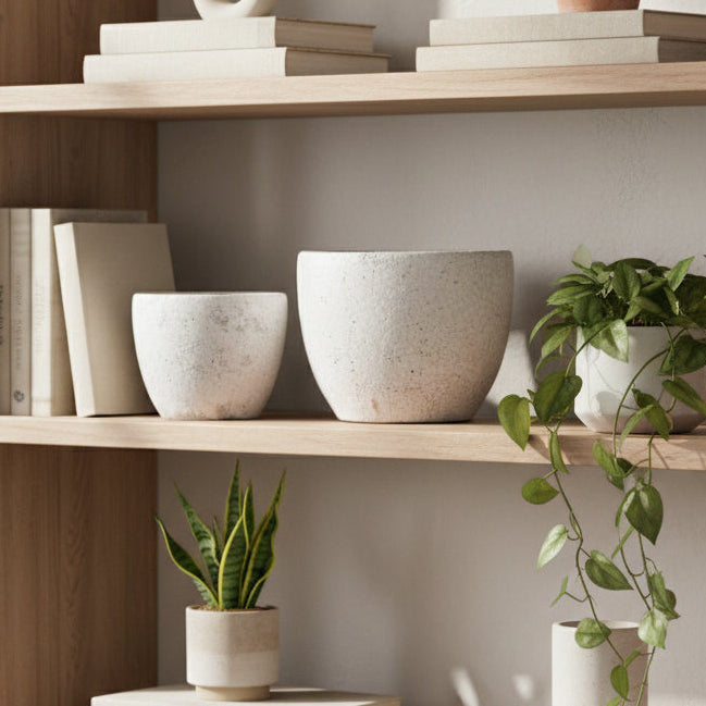 Two gray concrete planters on a white background