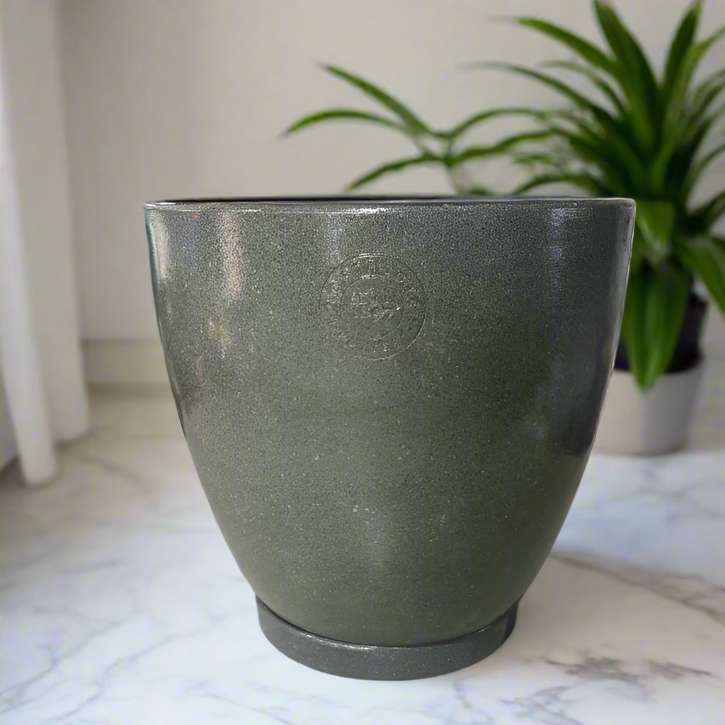 Green pot on a concrete surface with a store interior in the background