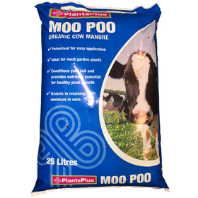 Plants Plus Moo Poo organic cow manure bag with a cow on the label