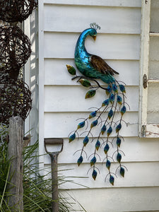 peacock metal art on house wall