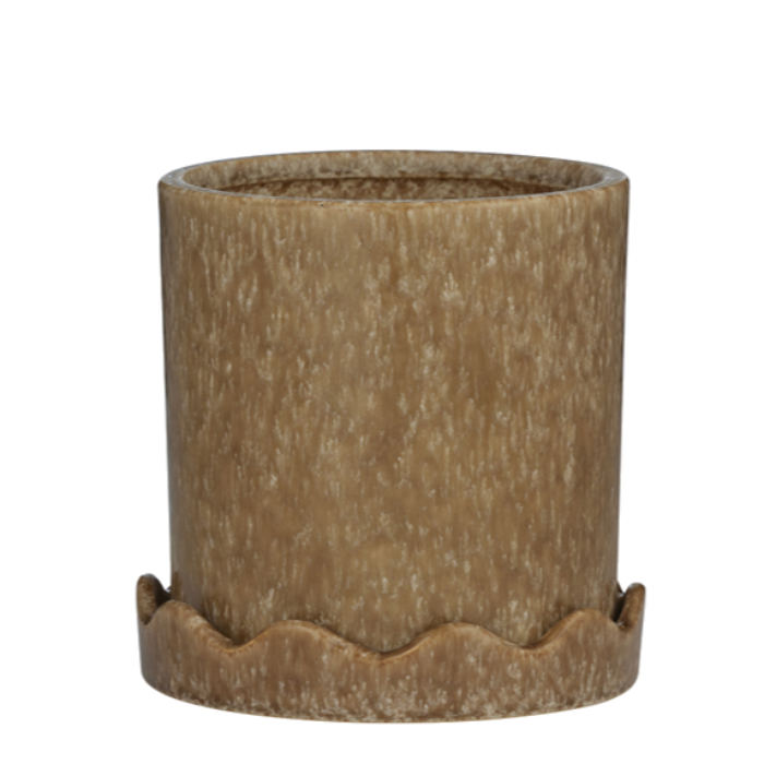 Brown ceramic planter with scalloped edge on a white background