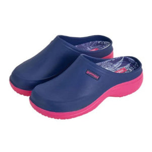 Pair of blue and pink clogs with a visible brand logo on a white background