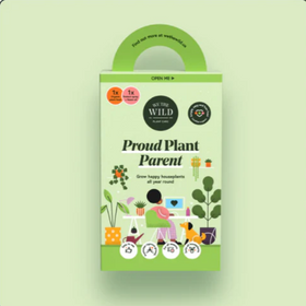 Packaging for 'Proud Plant Parent' with illustrations of plants and a person on a scooter.