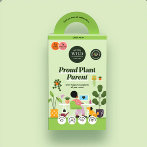 Packaging for 'Proud Plant Parent' with illustrations of plants and a person on a scooter.