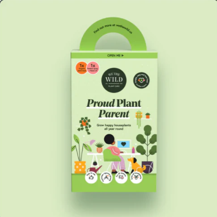Packaging for 'Proud Plant Parent' with illustrations of plants and a person on a scooter.