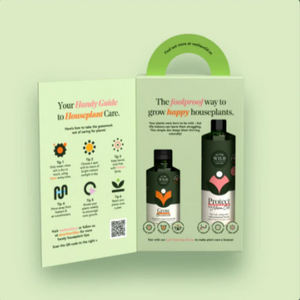 Product packaging with houseplant care guide and two bottles on a light green background