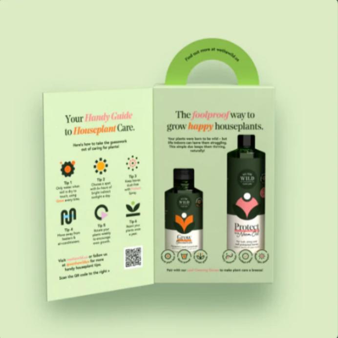 Product packaging with houseplant care guide and two bottles on a light green background