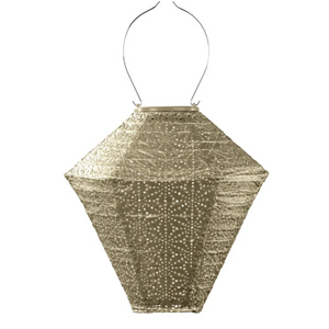 Hexagonal paper lantern with string on a white background