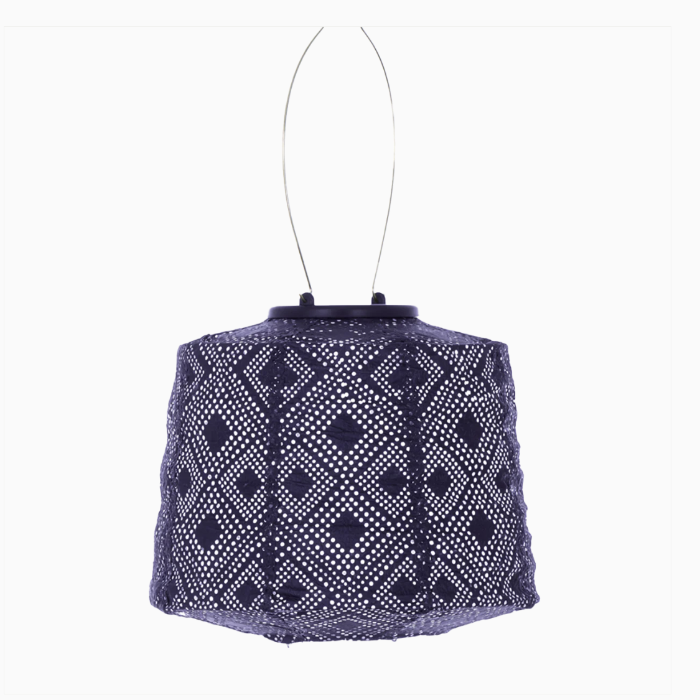Textured purple hanging lantern with geometric pattern on a white background