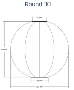 Technical drawing of a round object with dimensions labeled