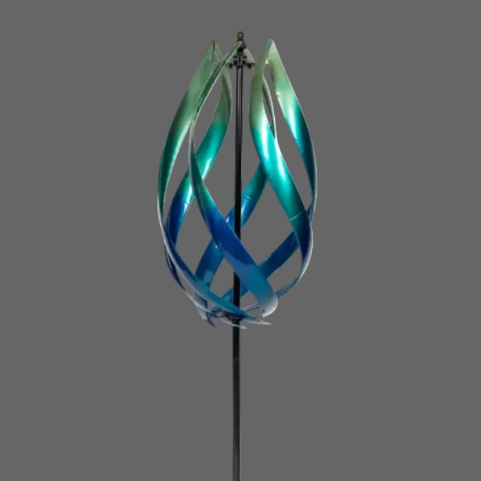 Decorative wind spinner with blue and green ribbons on a white background