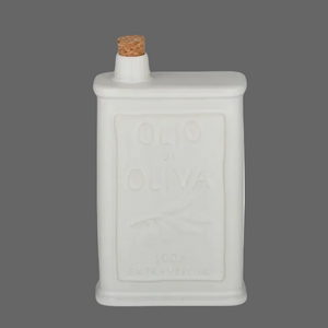 A white ceramic bottle of olive oil with a cork stopper, embossed with 'OLIO DI OLIVA' and '100% EXTRAVEGGINE' on a plain white background.