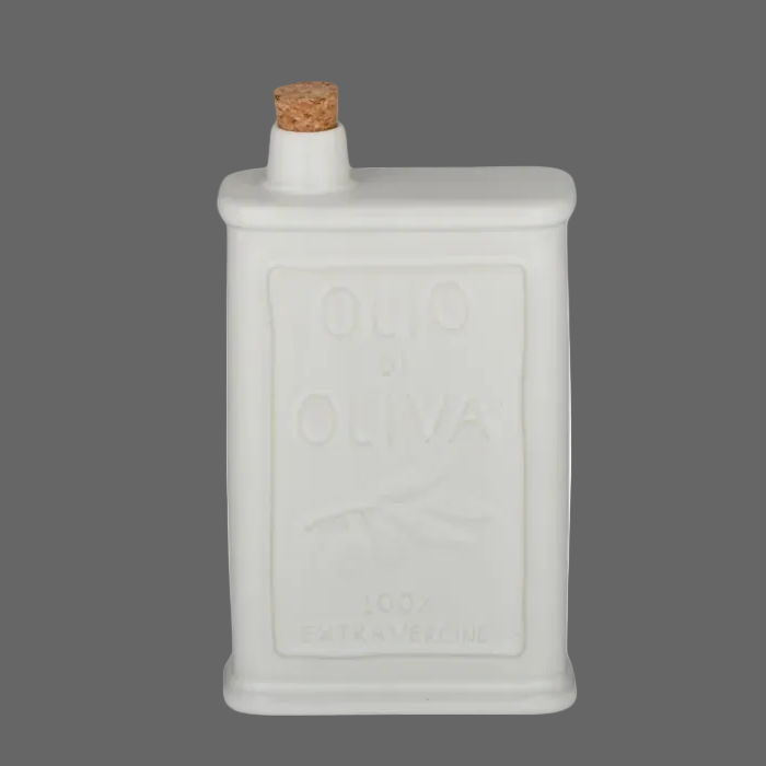 A white ceramic bottle of olive oil with a cork stopper, embossed with 'OLIO DI OLIVA' and '100% EXTRAVEGGINE' on a plain white background.