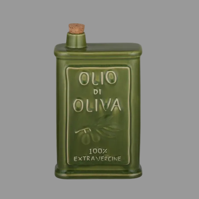 A green ceramic olive oil bottle with a cork stopper, featuring embossed text that reads 'OLIO DI OLIVA' and '100% EXTRAVERGINE' on a plain white background.