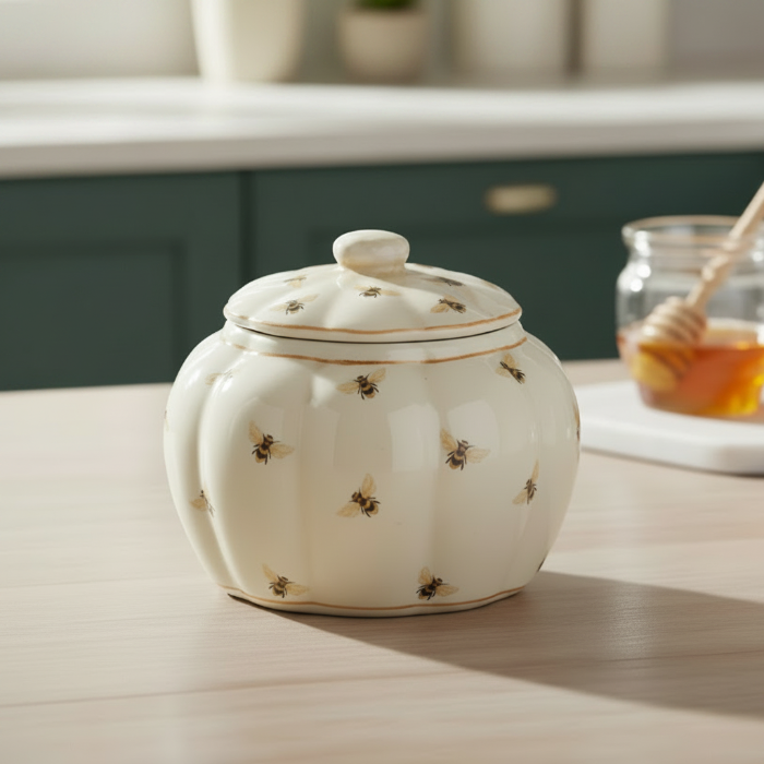 A cream-colored ceramic jar with a lid, decorated with a pattern of small black and yellow bees and thin gold lines, shown against a plain white background.