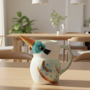 A ceramic pitcher shaped like a kingfisher bird, featuring a white body, a teal and blue head, a long orange beak, and brown and blue feather details on the side, set against a plain white background.