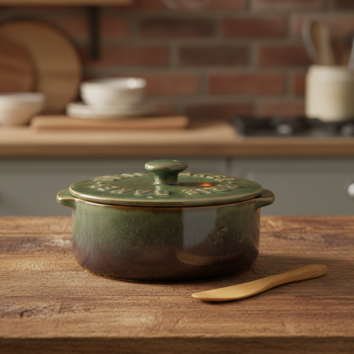 A round ceramic Dutch oven pot with a matching lid, featuring embossed text reading 'JULE KERR BAE RAVN' around the lid rim, shown with a wooden spoon below on a white background.