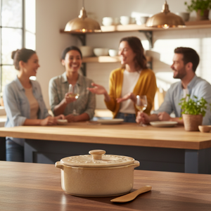 A beige ceramic Dutch oven with a matching lid, embossed with the brand name 'Duisberg', shown with a wooden spoon on a white background.