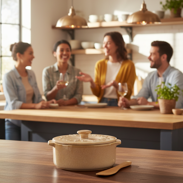 A beige ceramic Dutch oven with a matching lid, embossed with the brand name 'Duisberg', shown with a wooden spoon on a white background.
