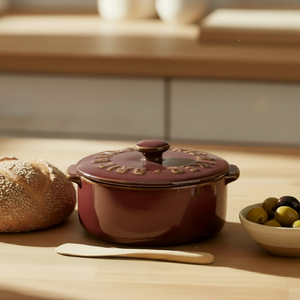 A dark red speckled cast-iron Dutch oven with a matching lid, shown on a white background with a small wooden spatula below it. The lid features embossed text reading 'BRIDGERS'.