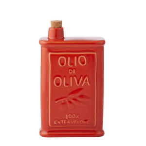 A red ceramic olive oil dispenser bottle with a cork stopper, featuring embossed text that reads 'OLIO DI OLIVA' and '100% EXTRAVERGINE' on a plain white background.