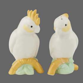 Two ceramic parrot-shaped salt and pepper shakers on a white background
