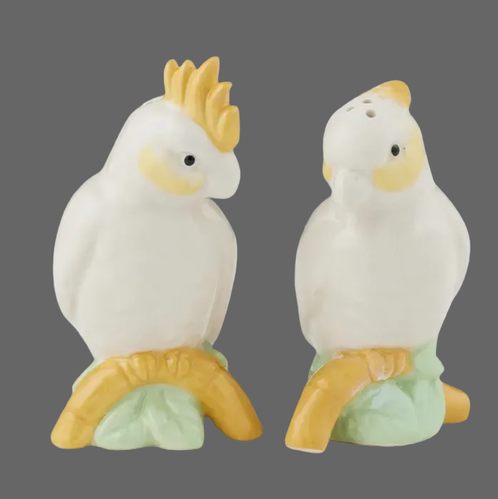 Two ceramic parrot-shaped salt and pepper shakers on a white background