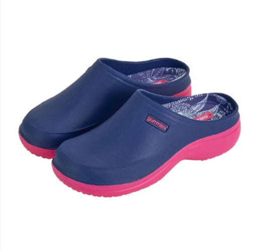 Pair of blue and pink clogs with a visible brand logo on a white background